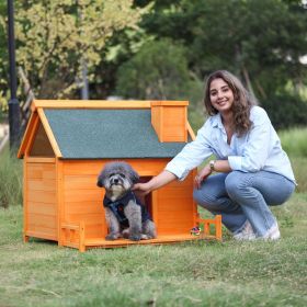 Wooden Dog House, Indoor Outdoor Pet Shelter with Platform, PVC Curtain, Door, Asphalt Roof, Pet House for Small to Medium Sized Dogs, Orange Wooden Dog House, Indoor Outdoor Pet Shelter with Platform, PVC Curtain, Door, Asphalt Roof, Pet House for Small to Medium Sized Dogs, Orange
